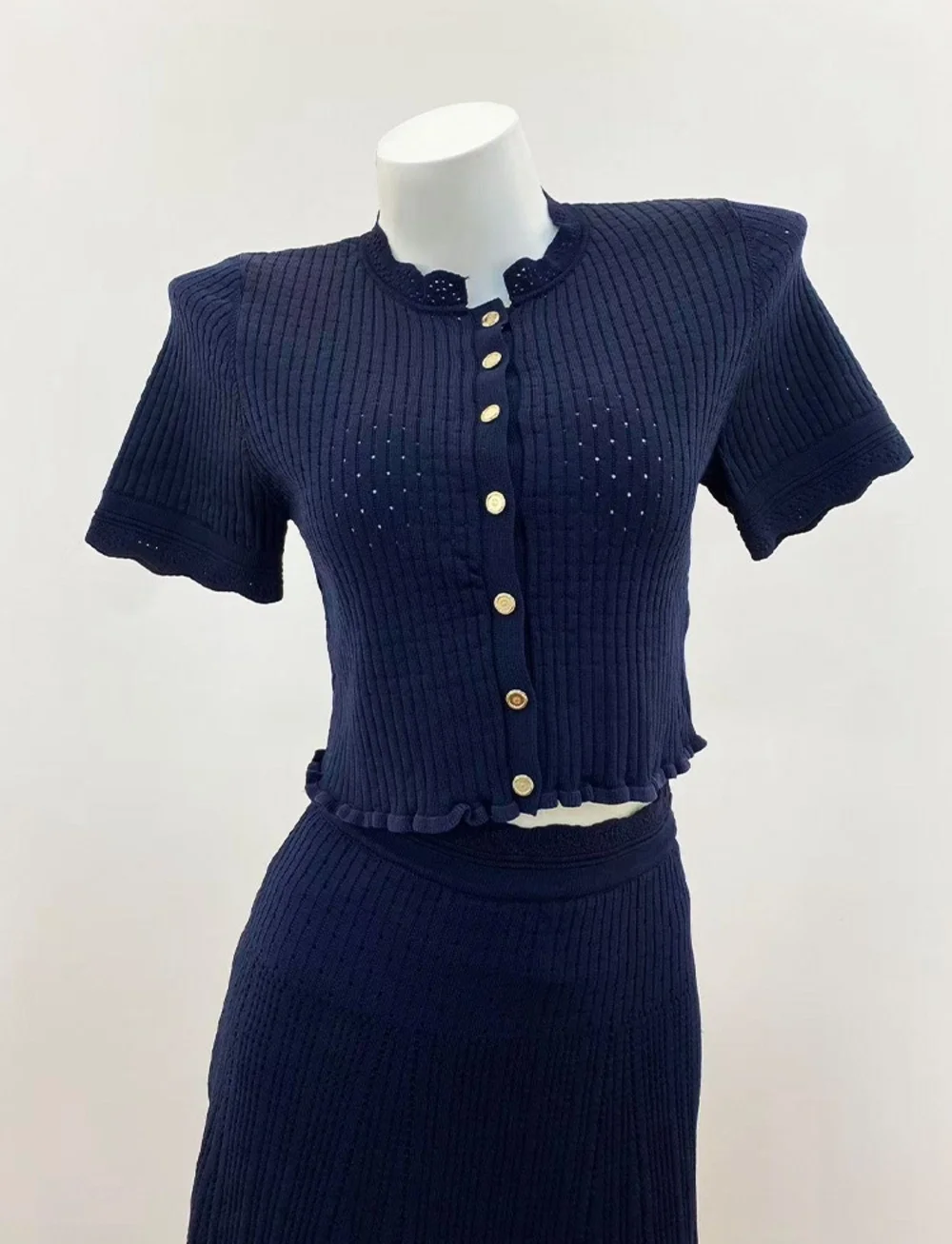 🦞Sandro Navy Knit Two‑Piece Set Cropped Top Long Midi Skirt